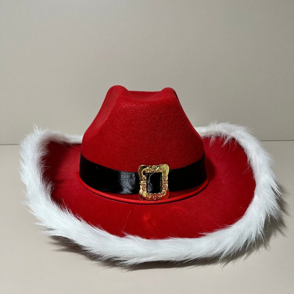 Red Unisex Cowboy Hat With Upturned Brim Fluffy Feathers